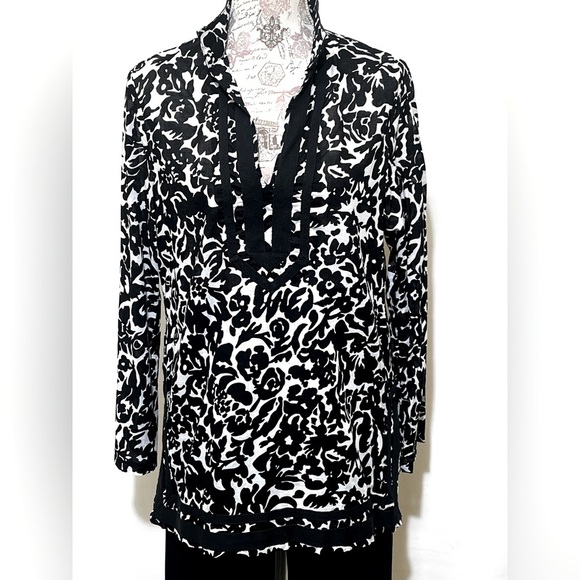 MICHAEL KORS Black and white floral print tunic top size L.‎ - Picture 1 of 12
